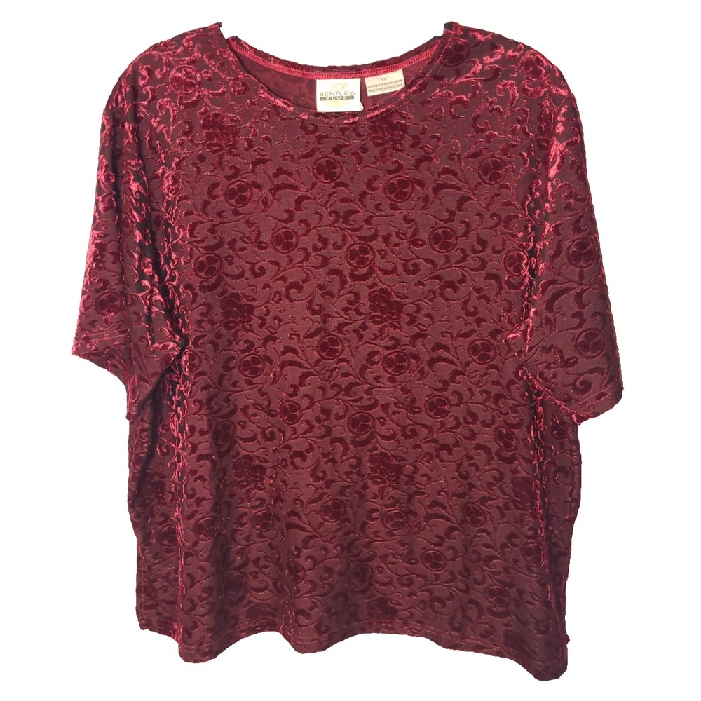 Bentley Plus Burgundy‎ Burnout Velvet Short Sleeve Top Stretch Size 1X Holiday